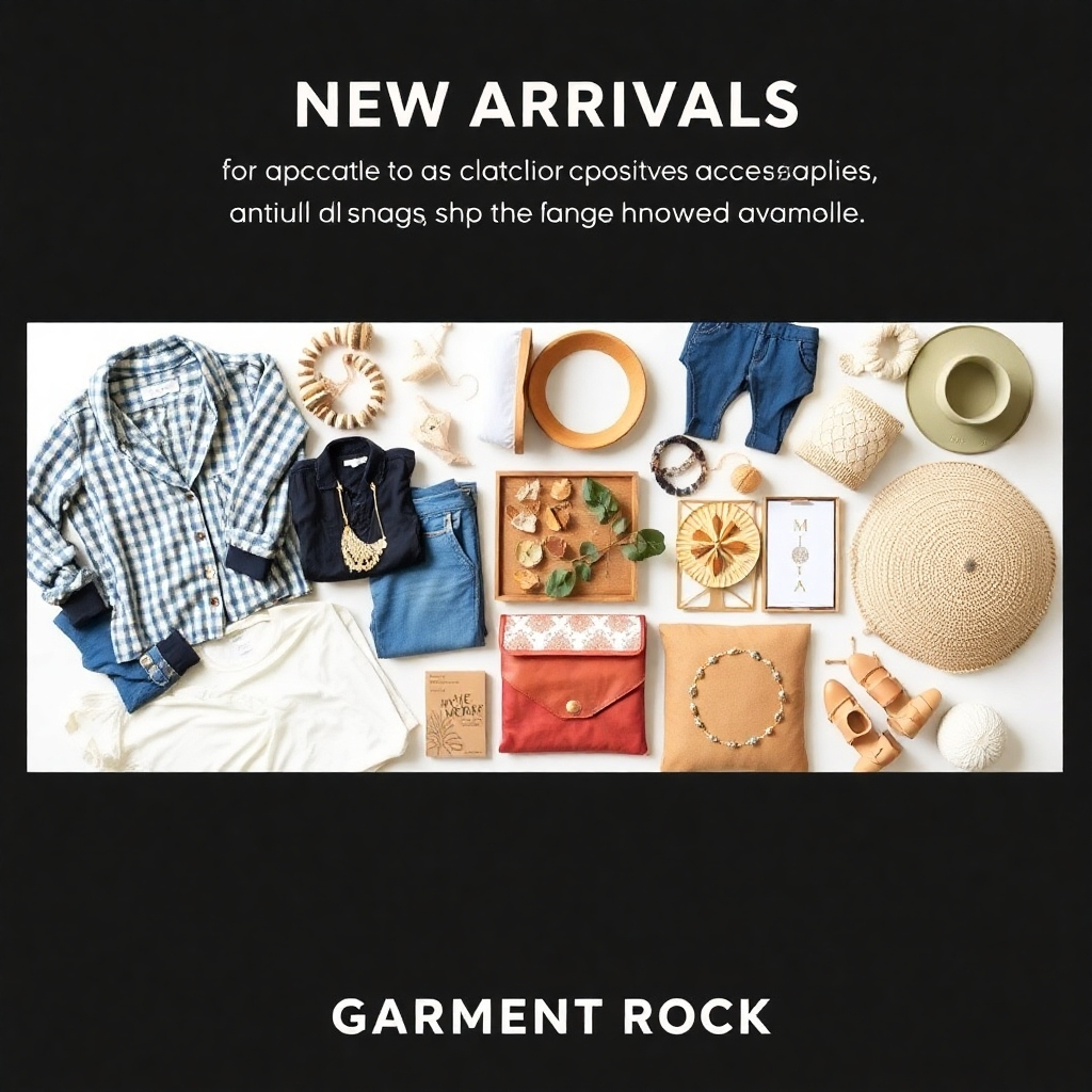 Create a dynamic image that shows a mix of new arrivals for clothing, accessories, and home decor. Style the image using a flat lay approach to show the variety available at Garment Rock.