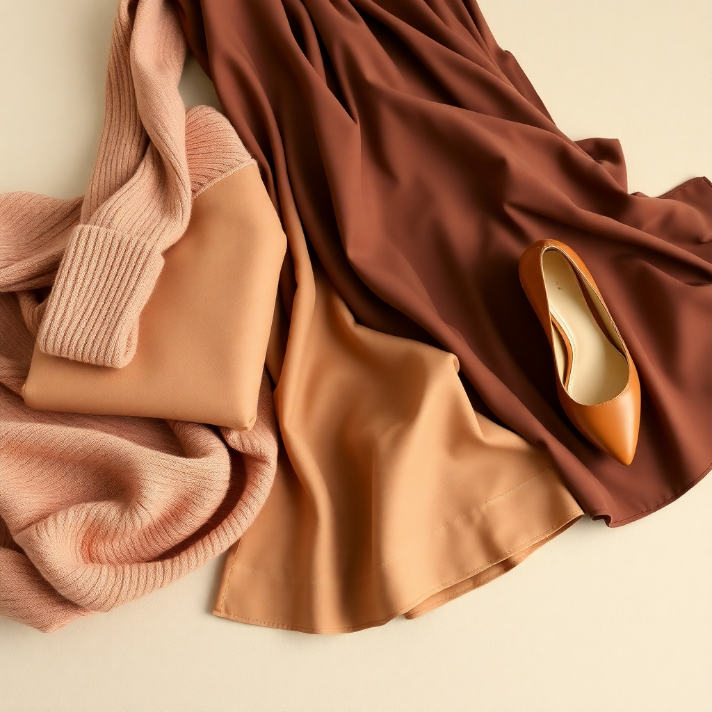Create a photorealistic image showcasing a stylish selection of clothing, arranged elegantly on a neutral background.  Focus on the textures and details of the garments, perhaps showing a folded sweater, a flowing dress, and a chic pair of shoes. The color palette should be complementary and stylish. The lighting should be soft and natural, highlighting the quality of the fabric.