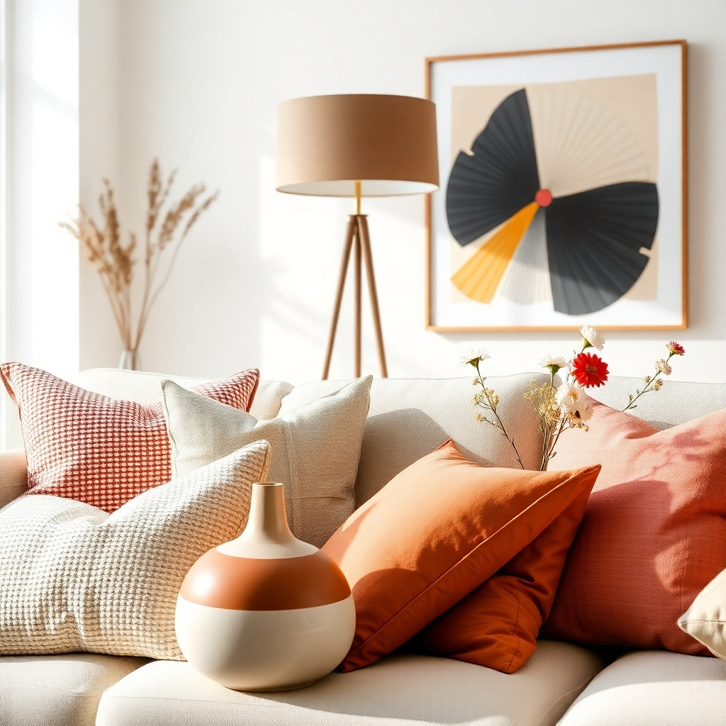 Create a photorealistic image showcasing stylish home decor items in a modern, airy living room setting.  Focus on a curated selection of items like textured throw pillows, a stylish lamp, a modern ceramic vase with flowers, and a statement piece of art. The color palette should be neutral and warm, with pops of color from accent pieces. The composition should be balanced and visually appealing, highlighting the textures and quality of the items. The lighting should be natural and soft.