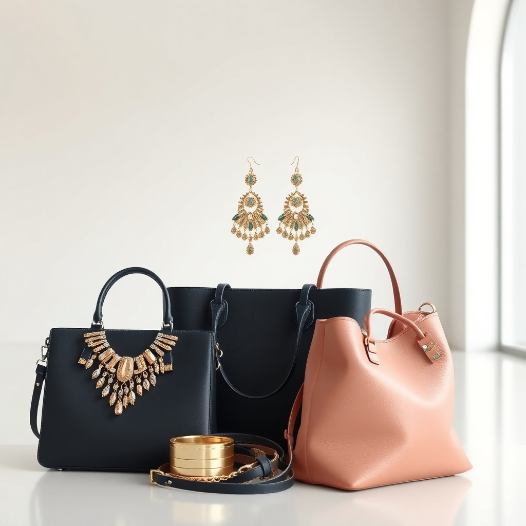 Create a photorealistic image showcasing a stylish selection of accessories in a clean, modern setting.  Focus on showcasing the details and textures of the accessories, such as a statement necklace, a pair of elegant earrings, and a stylish handbag. The color palette should be versatile and elegant. The lighting should be soft and natural, highlighting the quality of the materials.